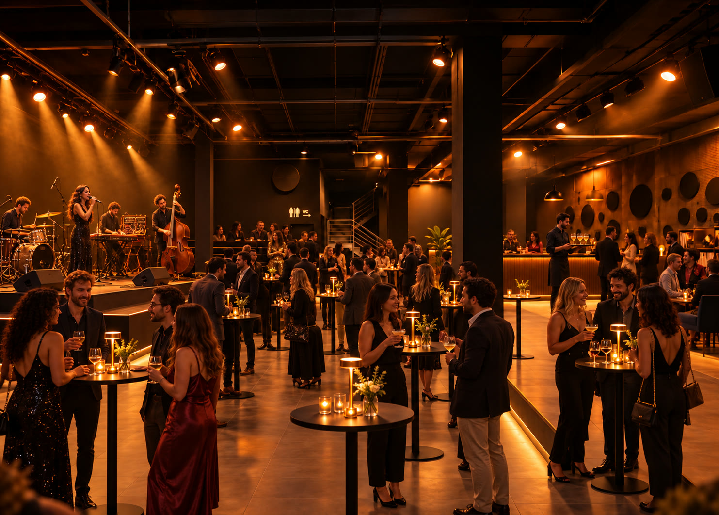 Sala de banquets amb taules altes durant un àpat de presentació